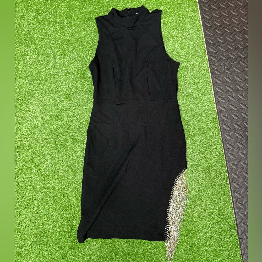 Windsor Black Asymmetrical Dress with Fringe Accent